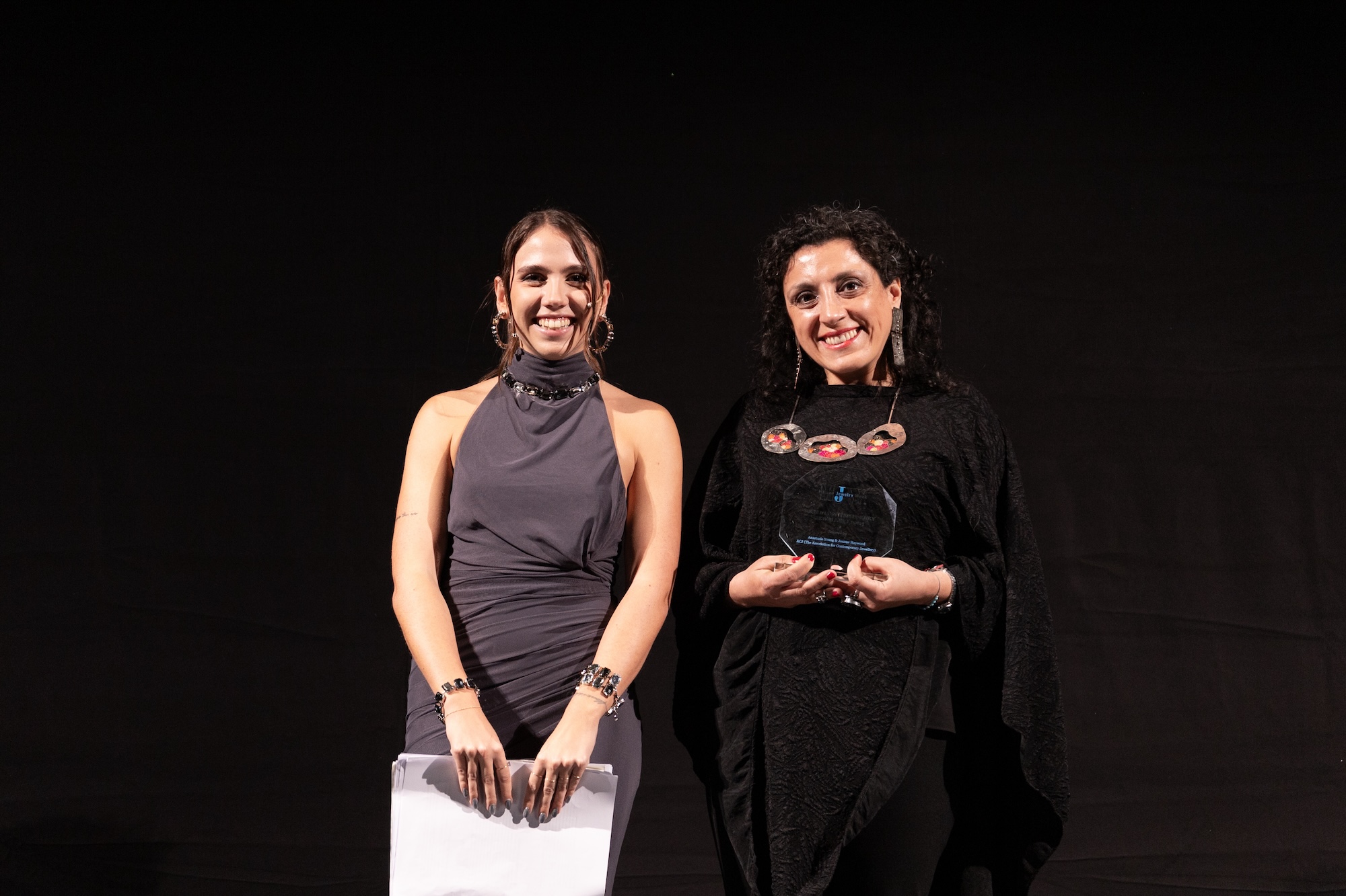 ACJ Winner, Tania Vásquez (right) receiving her award for “Best in Contemporary Jewellery.